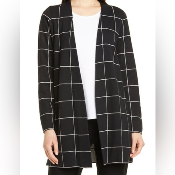 Eileen Fisher Wool Open Front Cardigan Sweater Black Windowpane Size Small - Picture 1 of 8